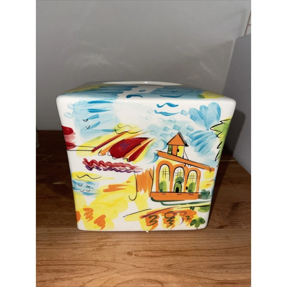 VTG Italian Riviera Ocean Sailing Palm Trees Colorful Ceramic Tissue Holder